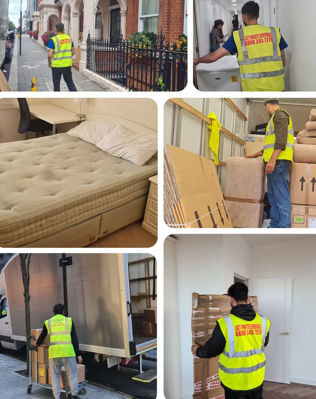 There are some pictures of workers of moving company and they are doing their work and their is also some pics of furniture items